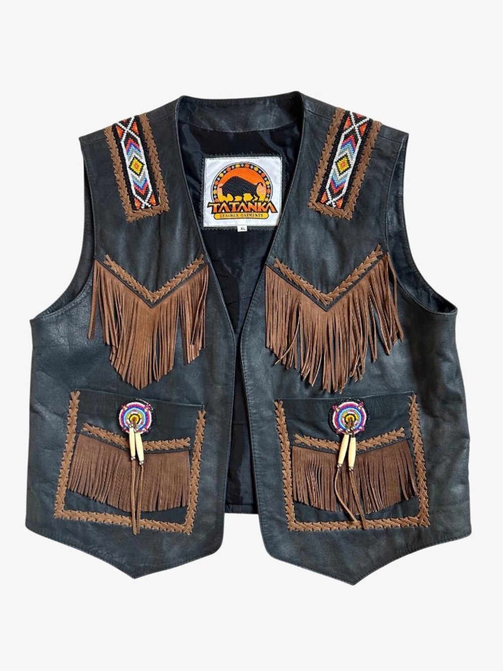 Vintage TATANKA Native American Fringe Beaded Leather Vest Western Cowboy Size X